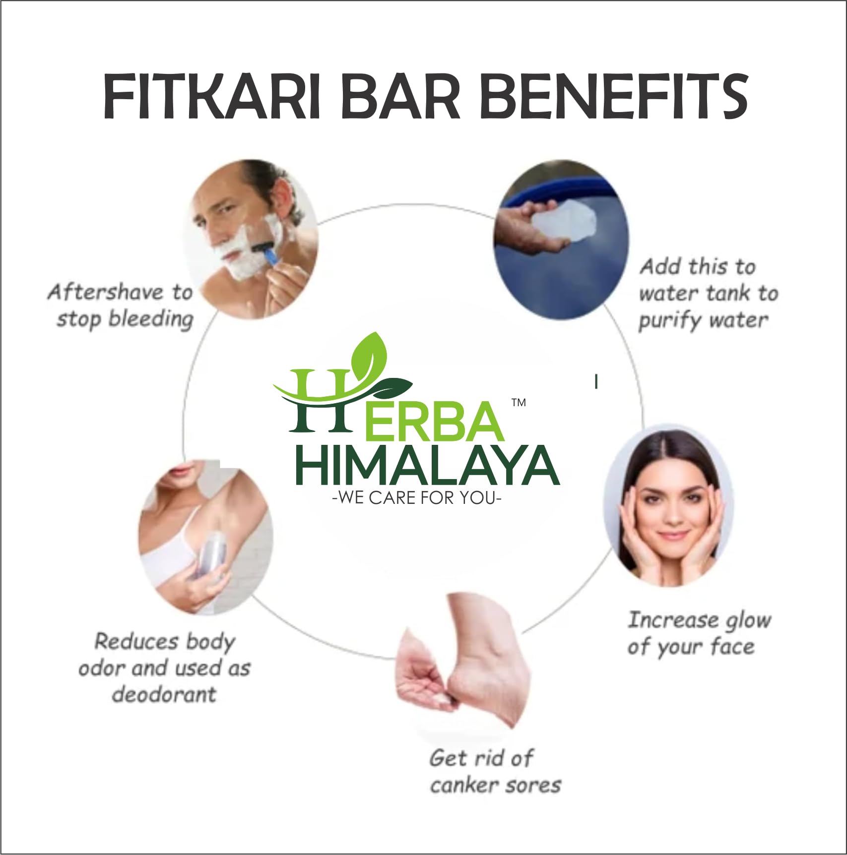 Herba Himalaya Alum Stone Bar 100% Pure, Natural Fitkari Stone for Skin Tightening & Water Purification | Crystal White Alum Bar for Underarms & Shaving |