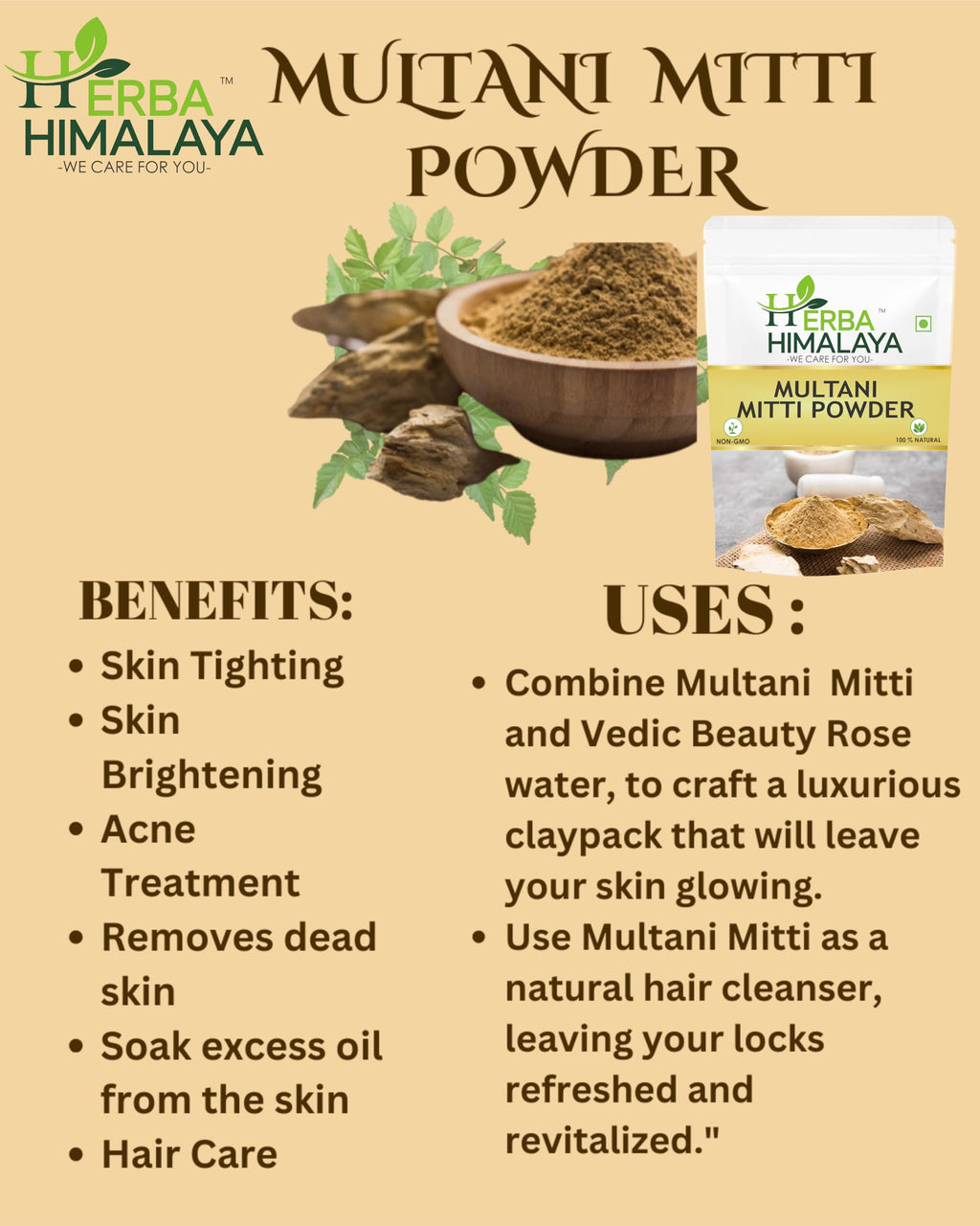 Herba Himalaya Multani Mitti Powder -| Natural Fuller’s Earth for Face & Hair Packs | Soft & Glowing Skin | Removes Dead Skin, Reduces Dandruff & Scalp Itchiness
