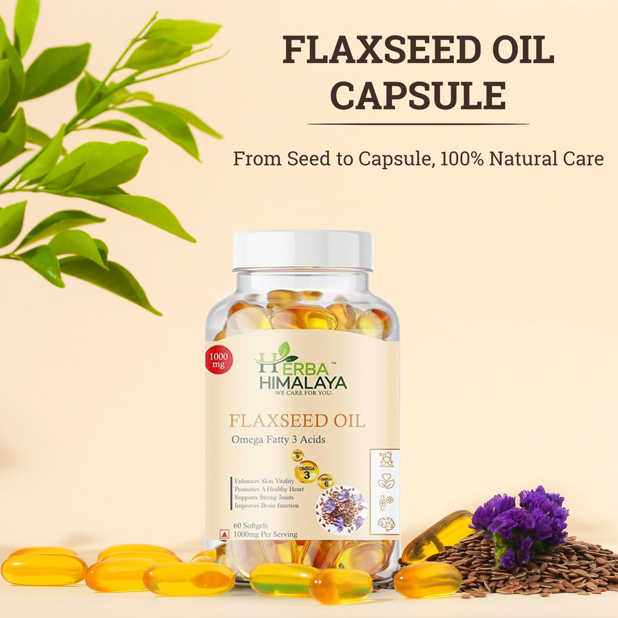 Herba Himalaya Flaxseed Oil Capsules 60 Capsules 60 Capsules | Omega 3-6-9 for Heart, Skin, Joints & Brain Health | Cold-Pressed, Plant-Based Supplement for Men & Women
