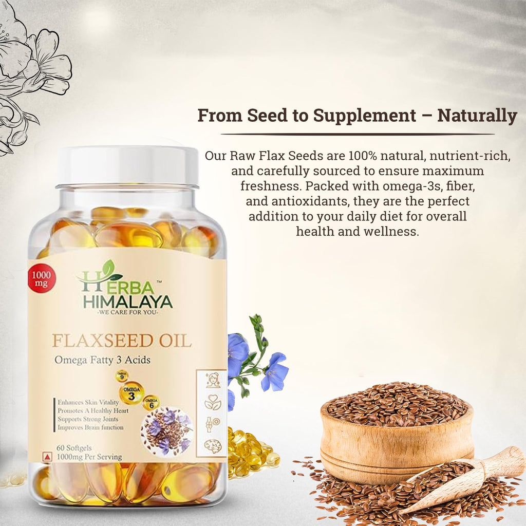 Herba Himalaya Flaxseed Oil Capsules 60 Capsules 60 Capsules | Omega 3-6-9 for Heart, Skin, Joints & Brain Health | Cold-Pressed, Plant-Based Supplement for Men & Women