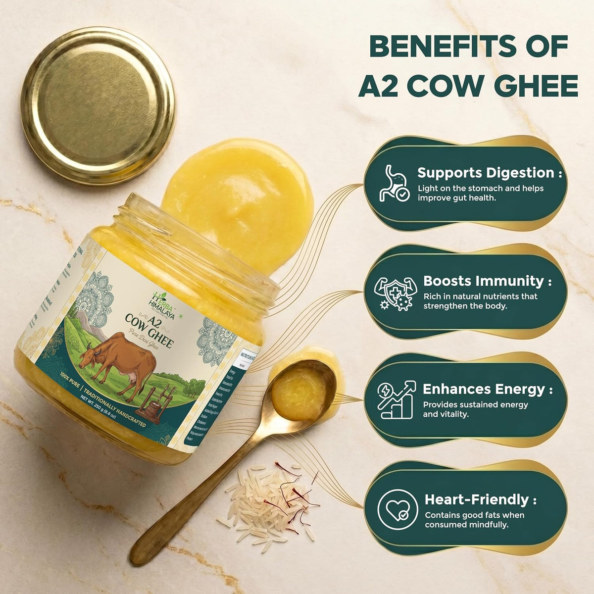 Herba Himalaya A2 Gir Cow Ghee | Traditional Bilona Method | Hand-Churned Desi Cow Ghee | Pure & Authentic | 250ml–1L