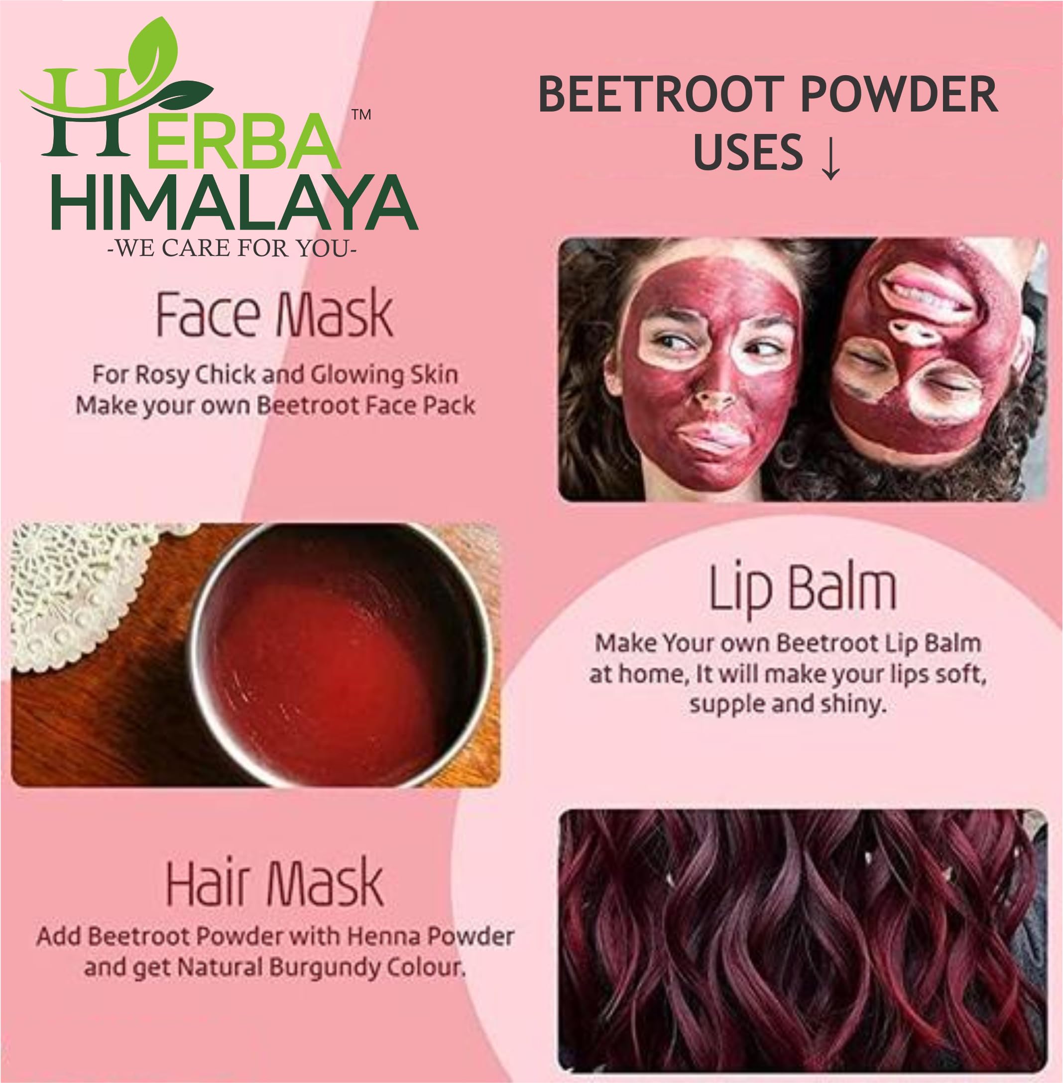 Herba Himalaya Organic Beetroot Powder For Face, Skin & Hair | Anti-Aging & Glowing Face | Rich In Antioxidants | Lip Care |