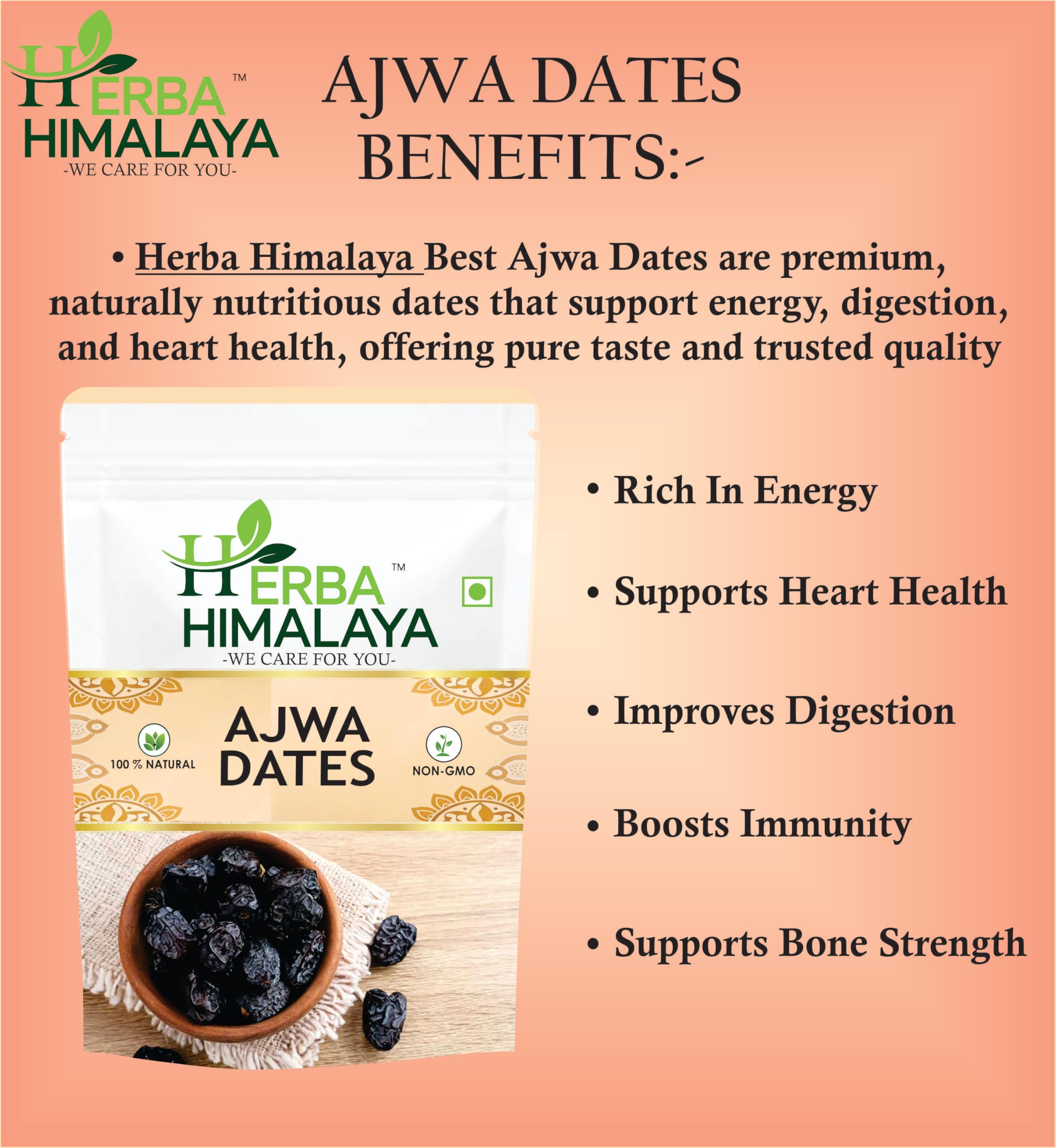 Herba Himalaya Dried Ajwa Dates Pure Saudi - Original Ajwa Dates (Khajoor/Khajur) of Madina, Khajur Rich In Iron, Fibre & Vitamins