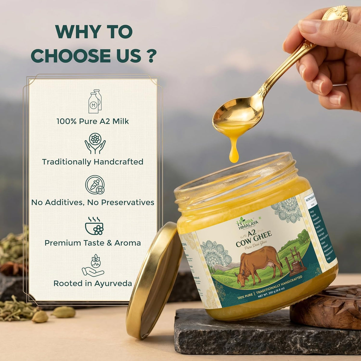 Herba Himalaya A2 Gir Cow Ghee | Traditional Bilona Method | Hand-Churned Desi Cow Ghee | Pure & Authentic | 250ml–1L